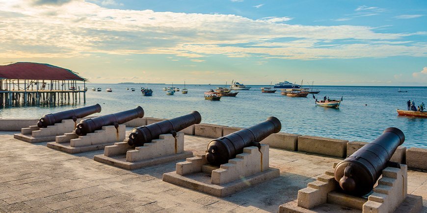 Kanoner ved vannkanten i Stone Town på Zanzibar